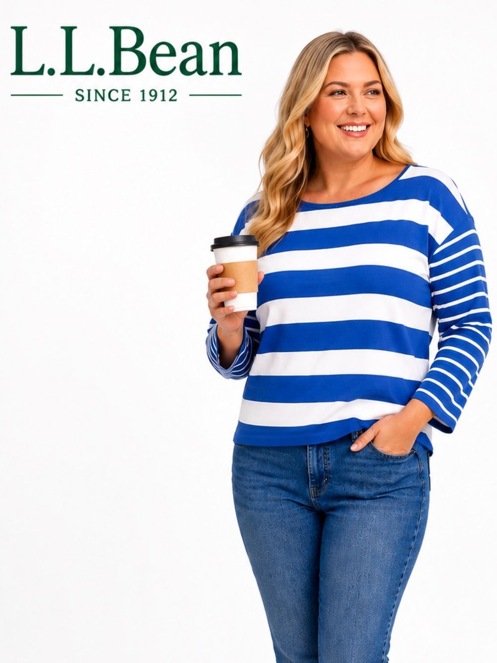 L.L. BEAN Heritage Mariner Top, Boatneck Three-Quarter-Sleeve Blocked Stripe, 3X
